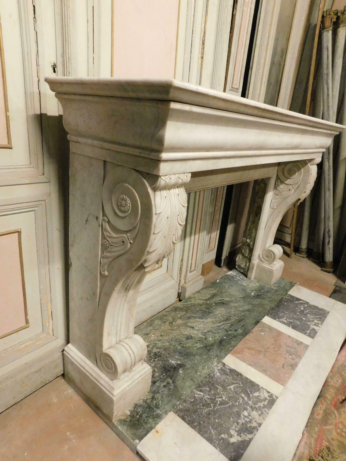 Old White Carrara Marble Mantle Fireplace With Sculpted Legs, France photo for sale