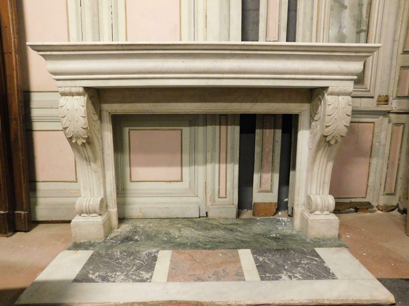 photo furniture Old White Carrara Marble Mantle Fireplace With Sculpted Legs, France