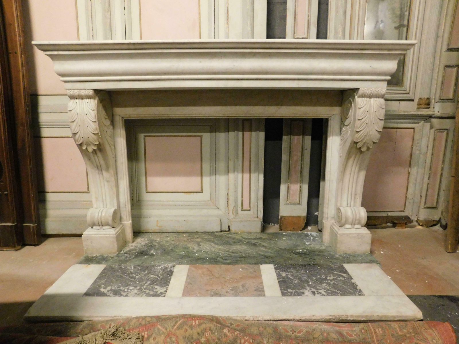 photo for sale Old White Carrara Marble Mantle Fireplace With Sculpted Legs, France