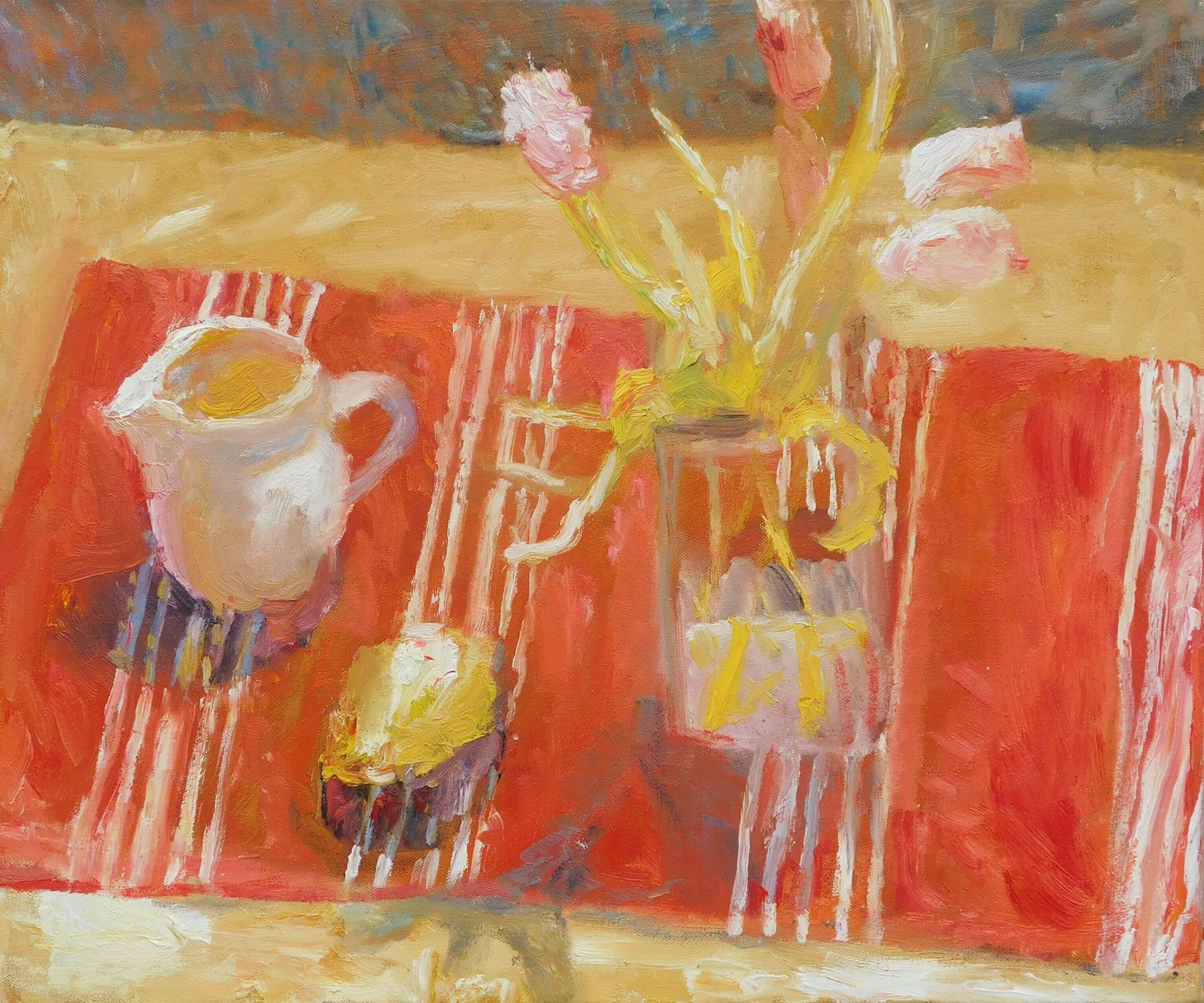 The Red And White Striped Cloth:  Original Oil Painting By Alice Mumford