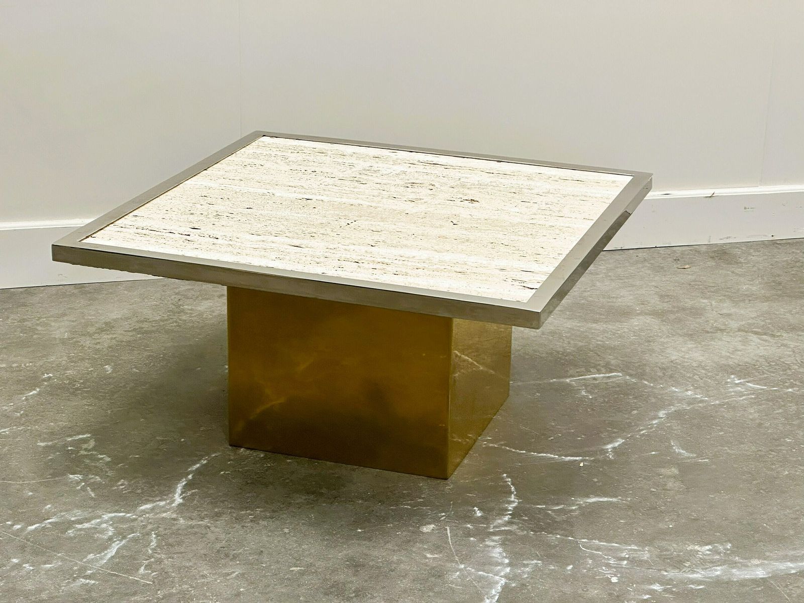 Brute Travertin Coffee Table With Brass Base And Chrome Edges, France 1970s. photo Furniture