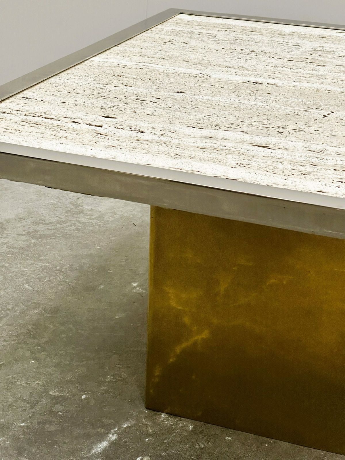 Brute Travertin Coffee Table With Brass Base And Chrome Edges, France 1970s. photo 882.0