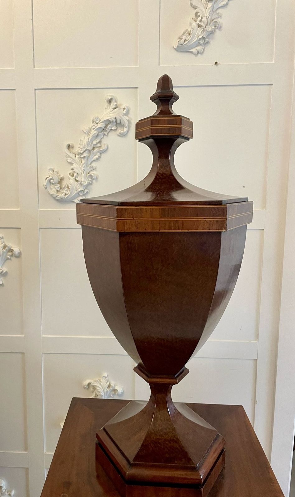 Rare Pair Of Antique Outstanding Quality Mahogany Inlaid Wine Urns On Original Pedestal Cupboards photo buy