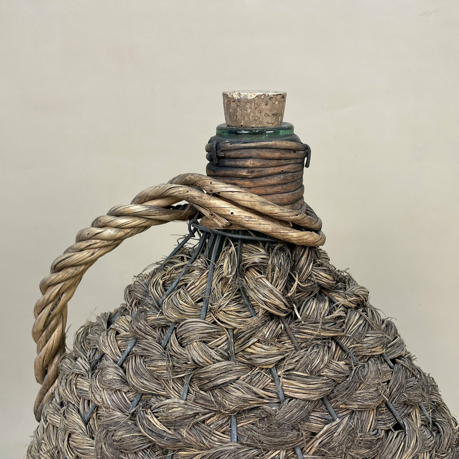 Antique Demijohn Carboy Wine Jug Wicker Cover Green Glass Bottle Handle Woven Metal Cage Vintage Decorative Ornament Seagrass Woven photo furniture