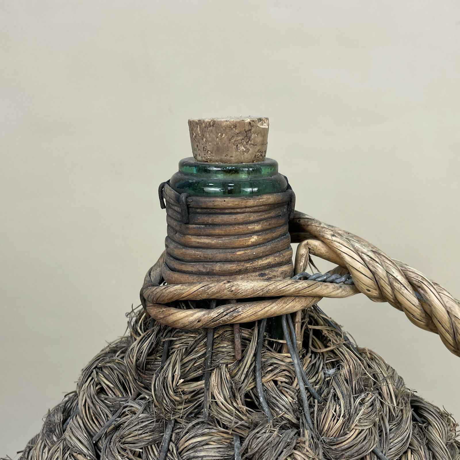 Antique Demijohn Carboy Wine Jug Wicker Cover Green Glass Bottle Handle Woven Metal Cage Vintage Decorative Ornament Seagrass Woven photo buy