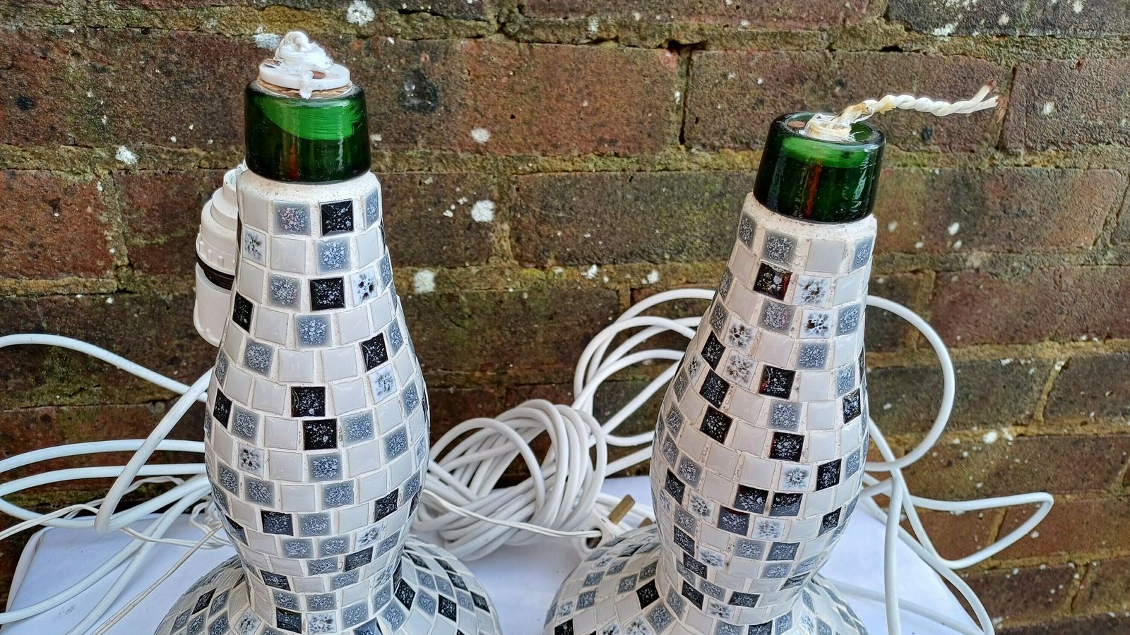 Superb Pair Of Mosaic On Glass Bottle Handmade Bedside Lamps. Great Condition. Lots Of Flex But Need Rewiring. Black White Grey.. photo for sale