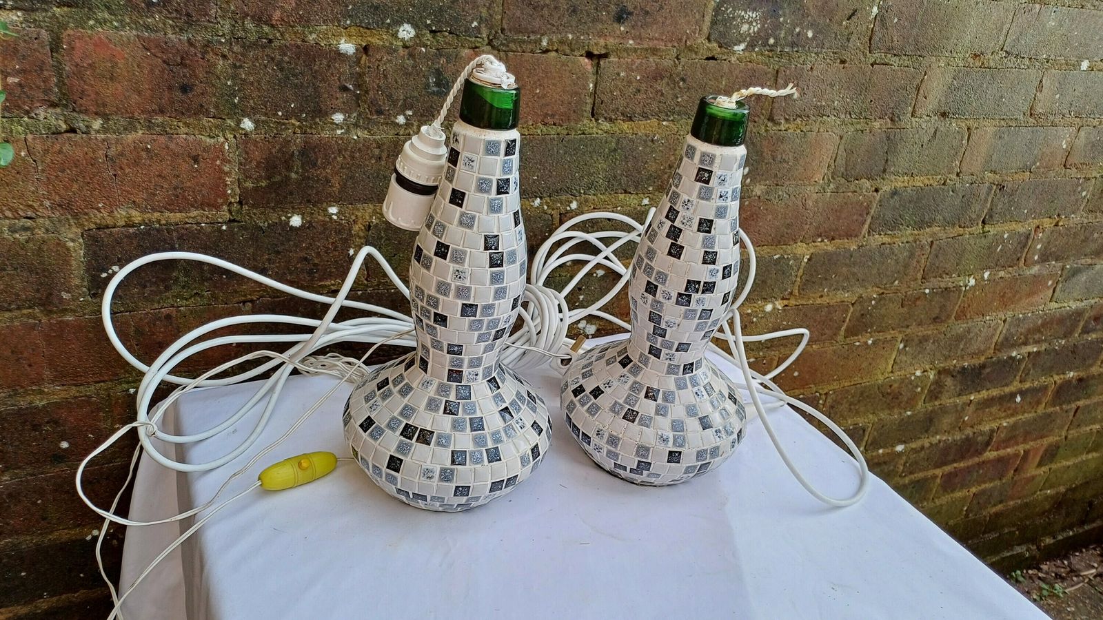 photo furniture Superb Pair Of Mosaic On Glass Bottle Handmade Bedside Lamps. Great Condition. Lots Of Flex But Need Rewiring. Black White Grey..