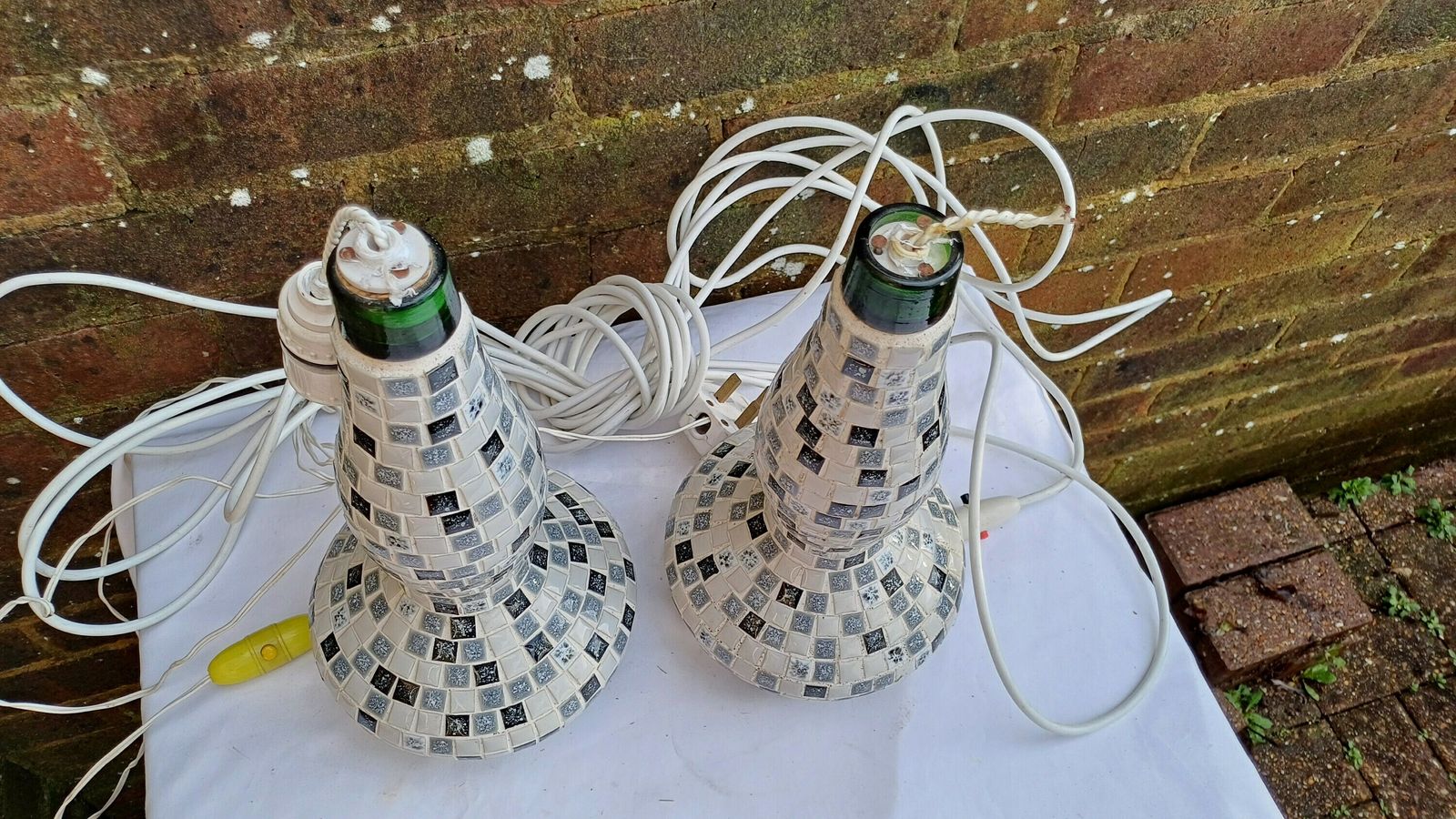 photo for sale Superb Pair Of Mosaic On Glass Bottle Handmade Bedside Lamps. Great Condition. Lots Of Flex But Need Rewiring. Black White Grey..