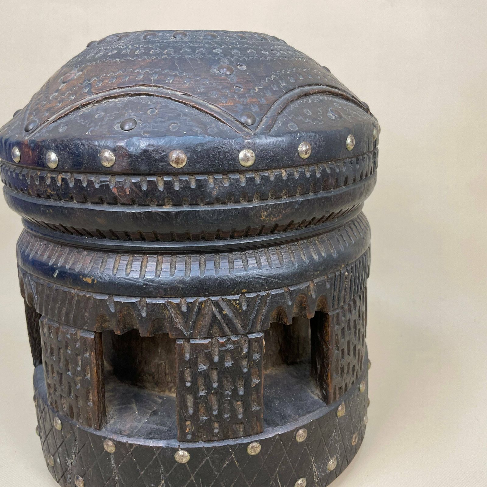 Antique Wooden Ethnic African Bedouin Coffee Grinder Pestle Mehbash Tribe Studded Decorative Ornament Rare Tribal Africa Wood Crusher photo buy