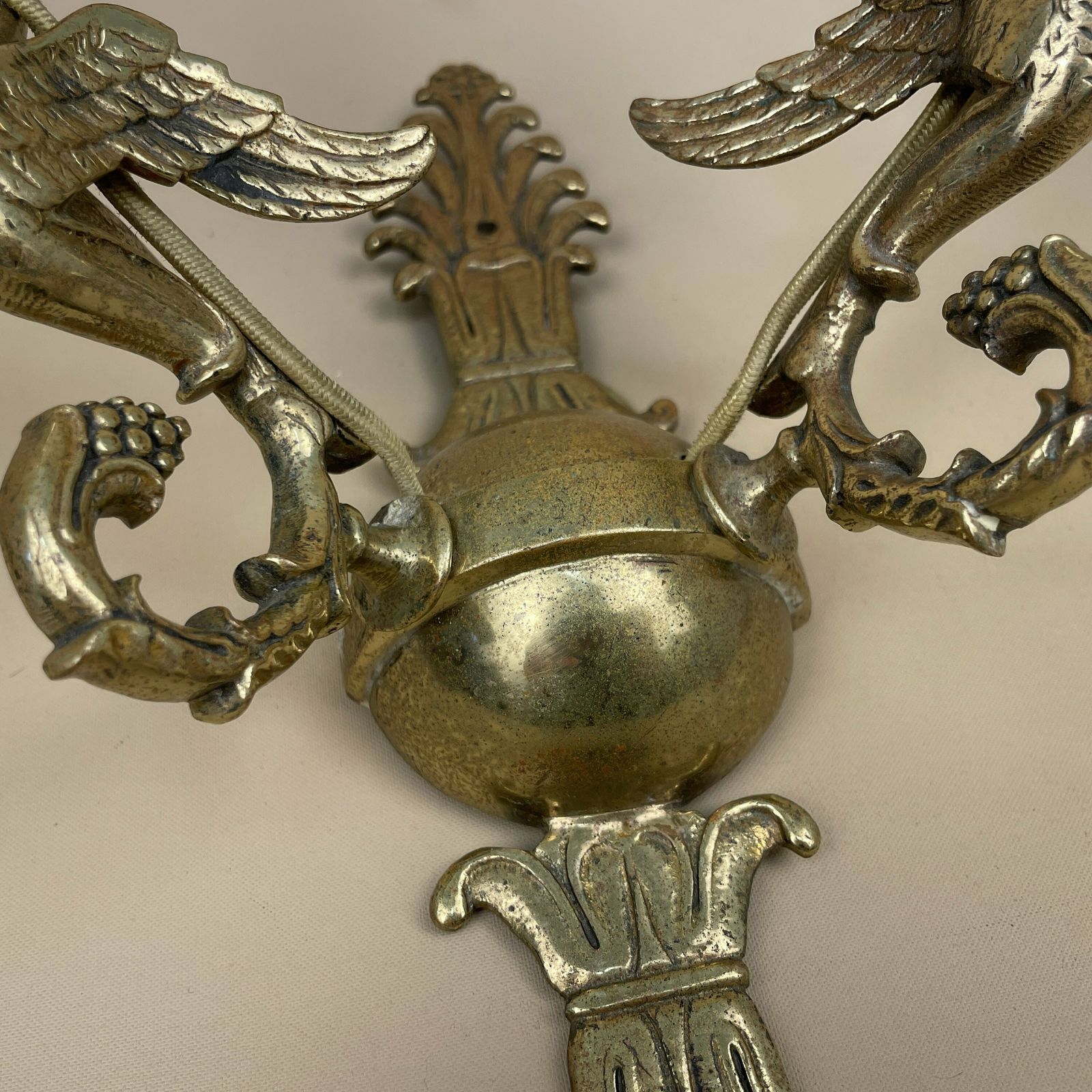 photo for sale Antique Wall Light Metal Gold Brass Lamp Sconces Oriental Bird Ornate Detail 2 Arms Pattern Patterned Lighting Lights Fireplace Vintage