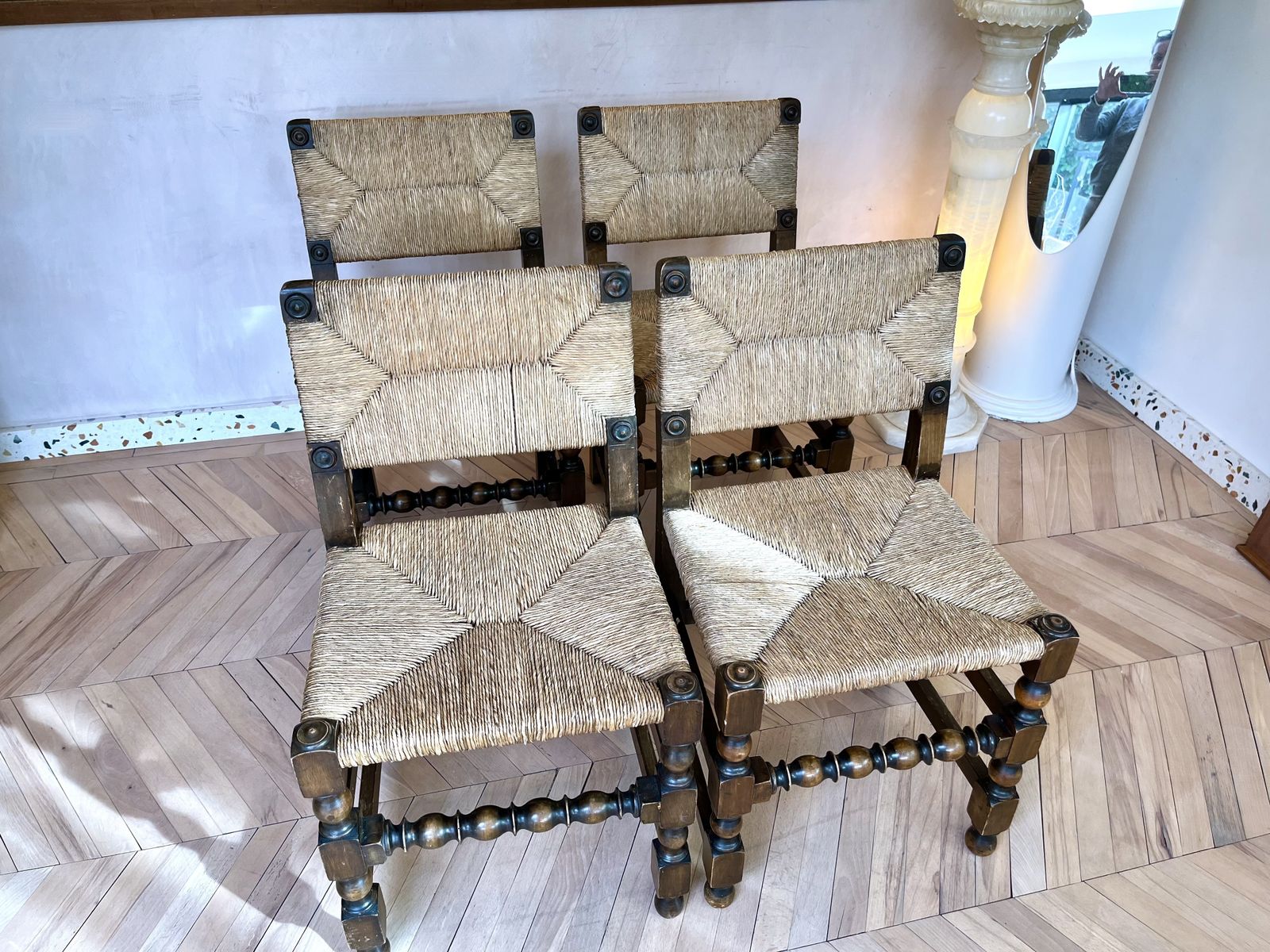 Set Of Four 1950s French Rush & Carved Oak Dining Chairs