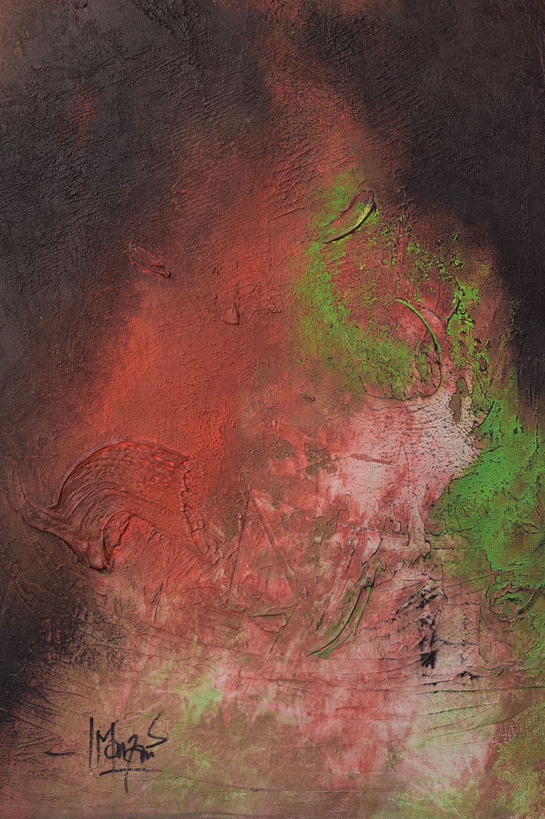 Abstract Schilderij, Gesigneerd En Voorzien Van Opschrift Op De Achterzijde photo vinterior