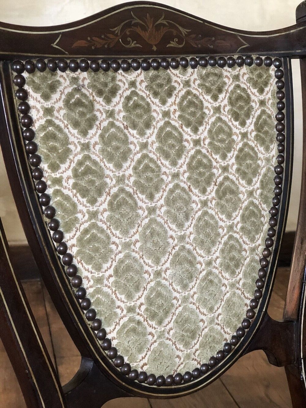 Pair Of Edwardian Mahogany & Boxwood Inlaid Period Vintage Green Teal Damask Shield Occasional Hall Bedroom Chairs X 2 photo 299.0