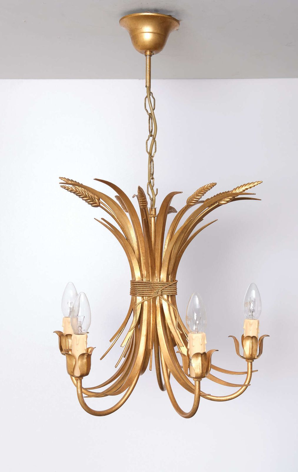 Pair Gilded Brass Wheat Sheaf Chandeliers Italy 1970s photo vinterior