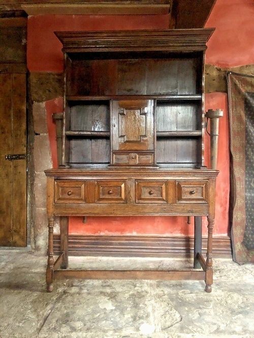Antique Oak Rustic Farmhouse Kitchen Console Table Jacobean Revival Sideboard Dresser Plate Rack Early 1900's