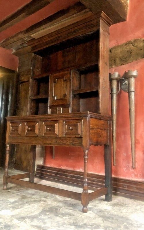 Antique Oak Rustic Farmhouse Kitchen Console Table Jacobean Revival Sideboard Dresser Plate Rack Early 1900's photo furniture
