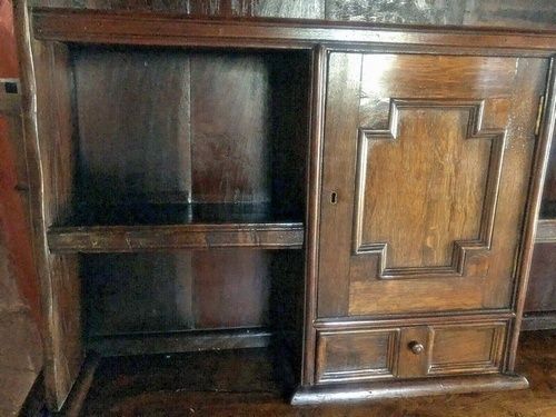 Antique Oak Rustic Farmhouse Kitchen Console Table Jacobean Revival Sideboard Dresser Plate Rack Early 1900's photo for sale