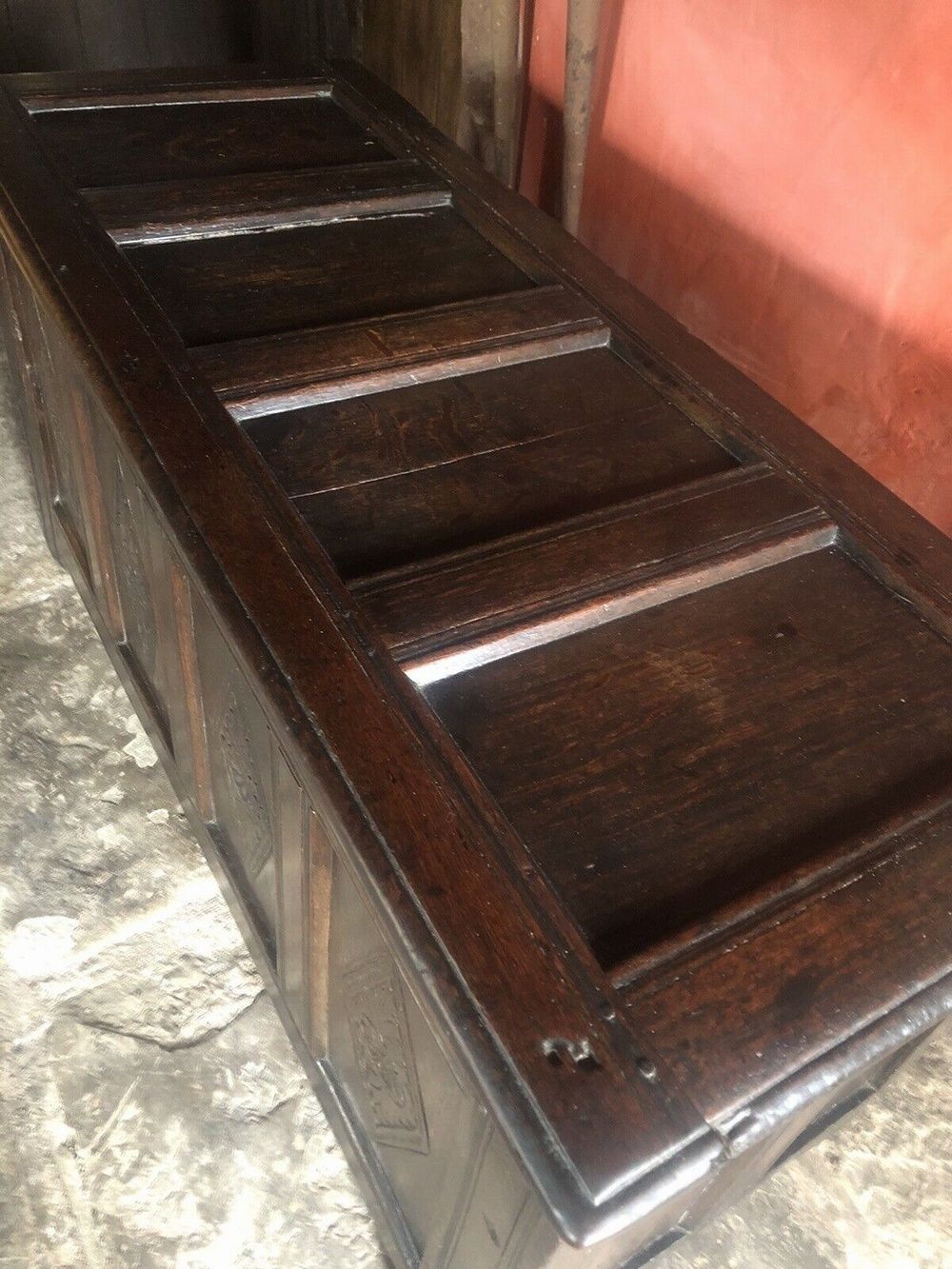 Very Heavy Rare Large Original Hand Carved English Oak Antique Trunk Chest Coffer 1600's photo vinterior