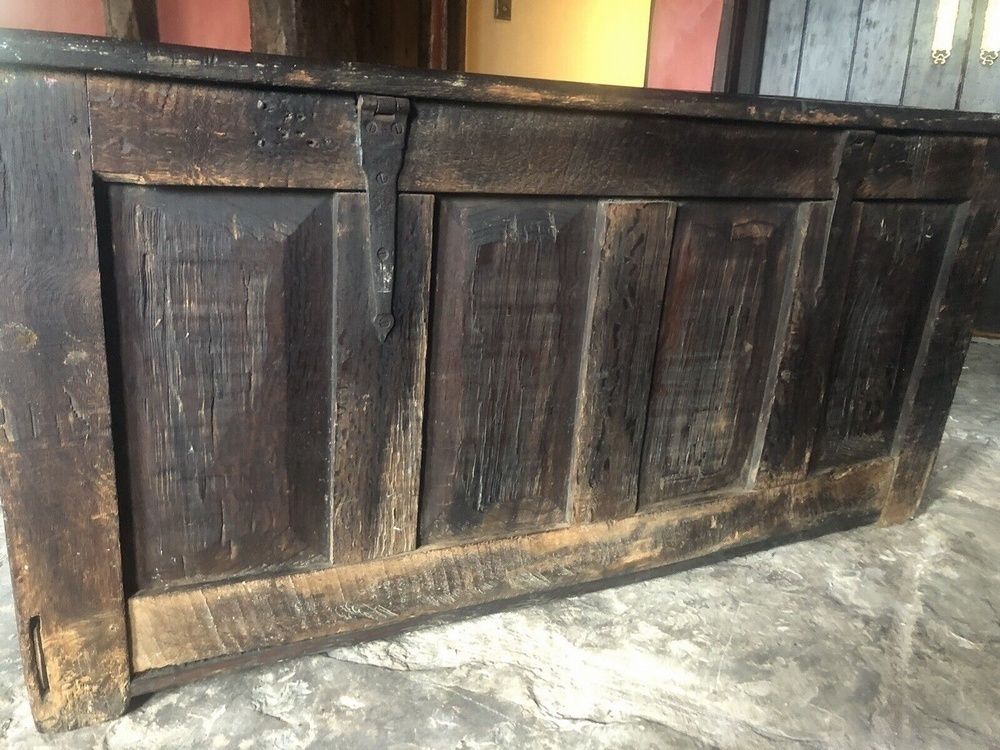 Very Heavy Rare Large Original Hand Carved English Oak Antique Trunk Chest Coffer 1600's photo vintage
