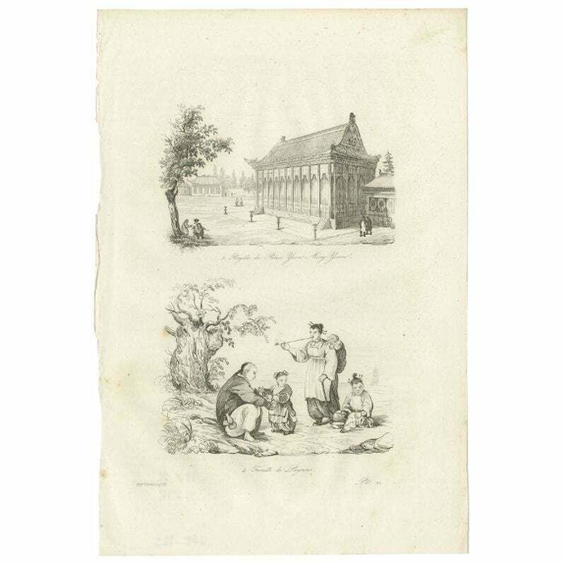 Antique Print Of The Imperial Palace At Yuen Ming Yuen And Chinese Family, 1834