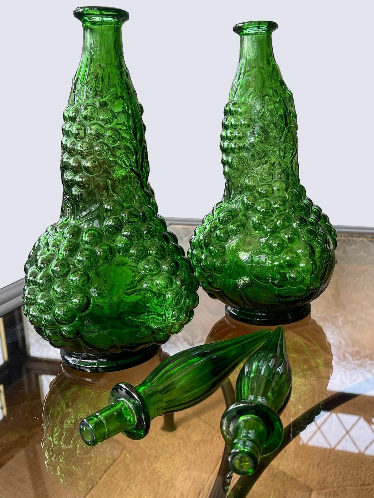 Pair Of Italian Empoli Emerald Green Grape Design Glass Genie Decanter Bottles photo for sale