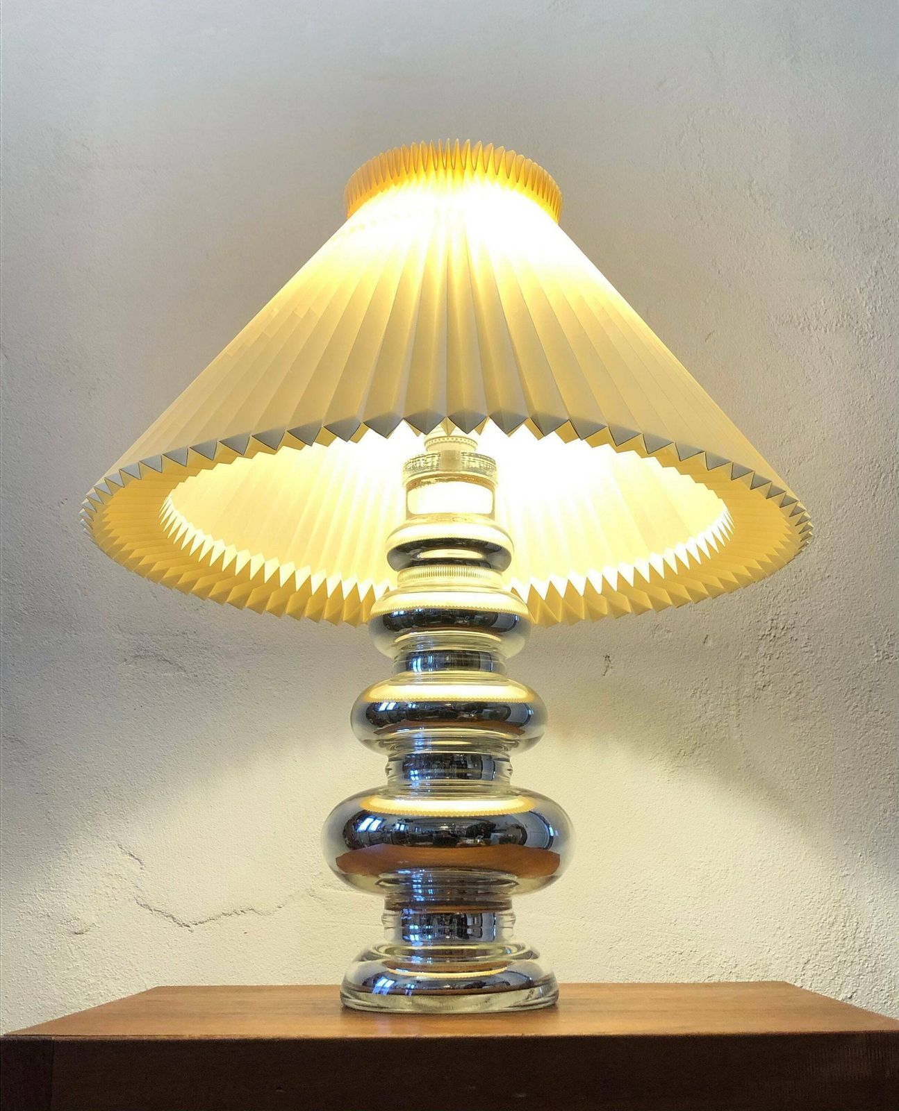 Exclusive Large Danish Mid Century Modern Table Lamp In Silver Glass With Large Vintage Original Le Klint Beige Pleated Shade photo for sale
