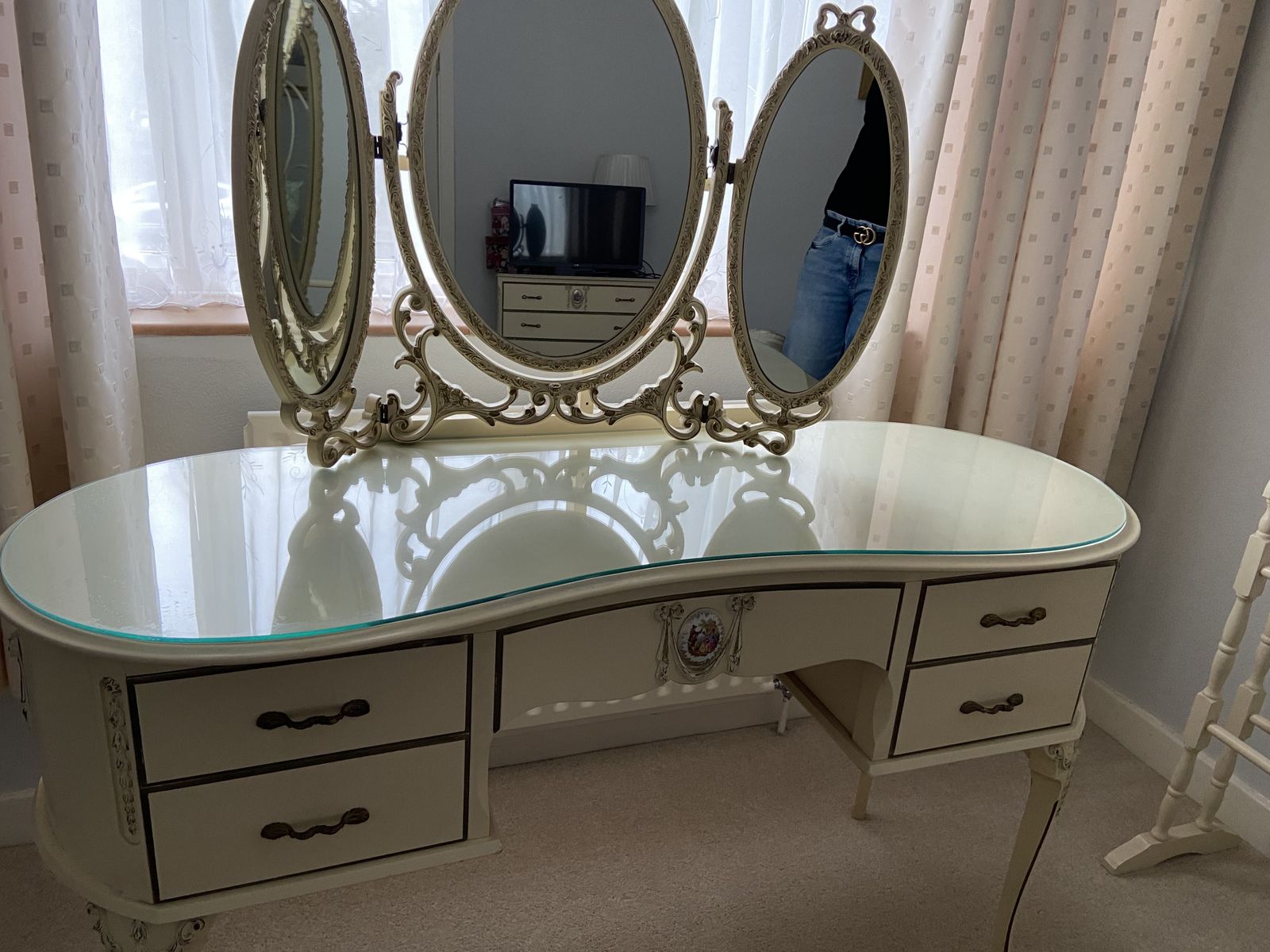 French Style Cream Coloured 1970s Dressing Table With Matching 3 Mirrors. Glass Covering. Excellent Condition. Bought New By Current Owner photo for sale