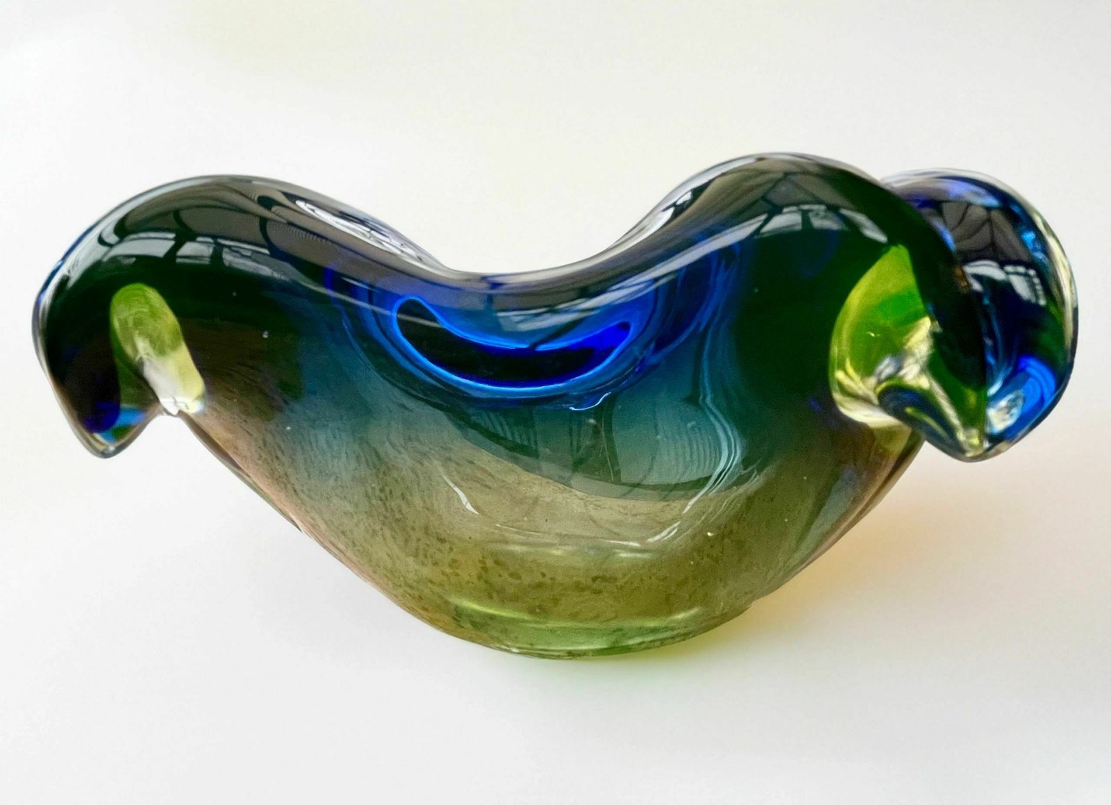 Vintage Murano Spun Art Glass Ashtray/Dish 1970's Vibrant Greens, Blues And Yellow Tones