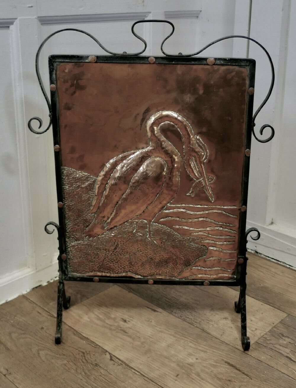 Arts And Crafts Stork And Fish Copper And Iron Fire Screen photo for sale