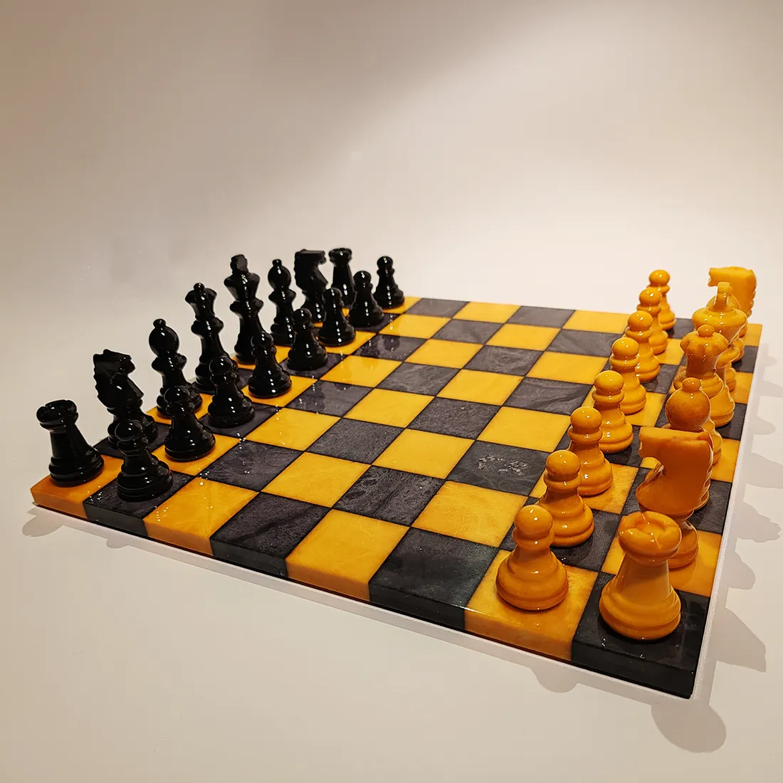 Chess Set In Hand Carved Italian Alabaster Of Volterra    Yellow And Black   1970s photo furniture