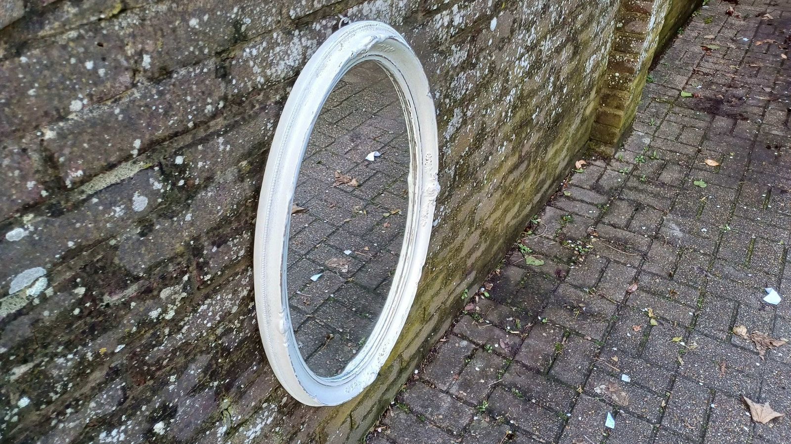 photo furniture Large Bespoke Painted Oval Shabby Chic Wall Mirror In Farrow And Ball With Gold Decoration.