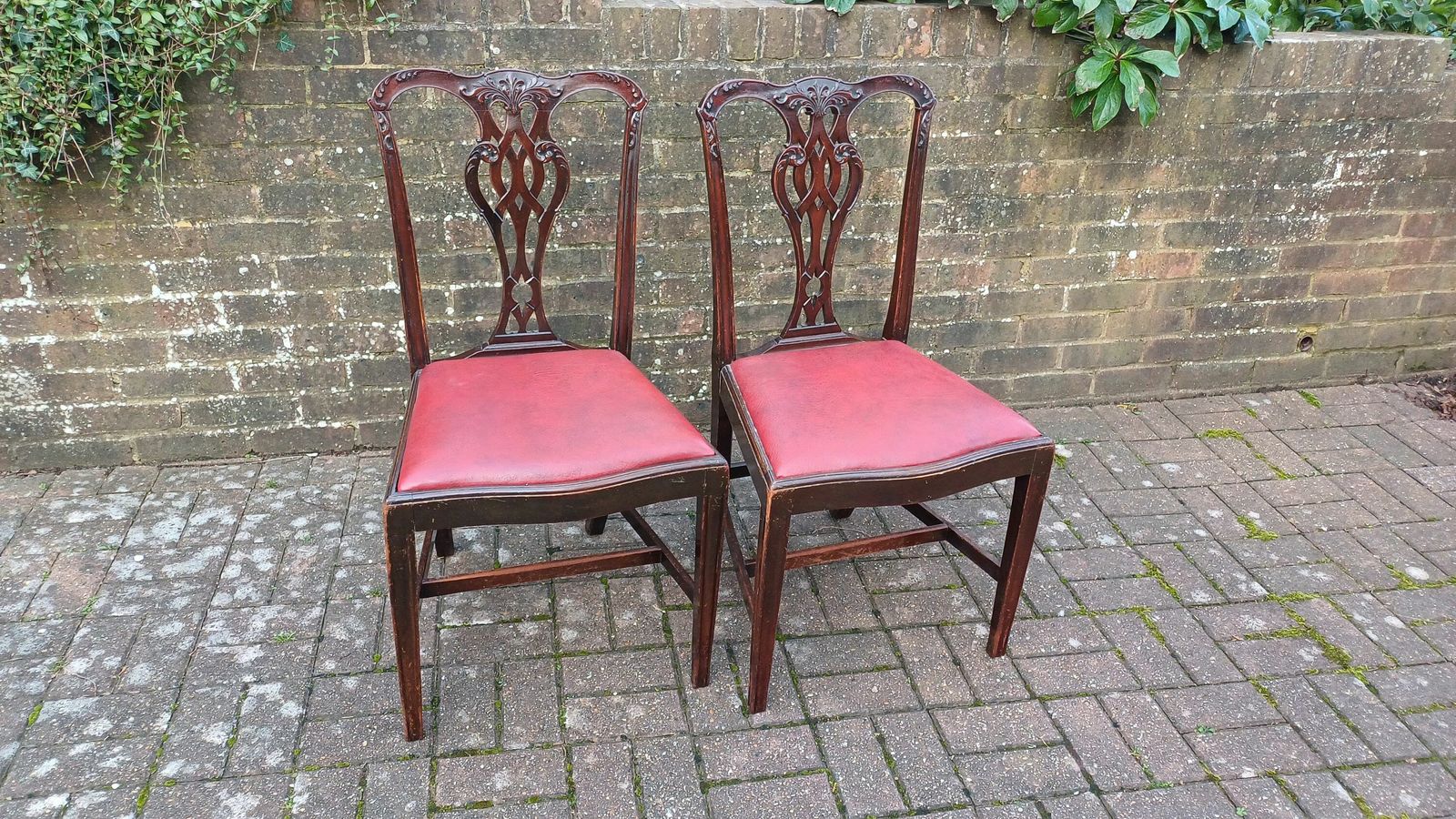 Pair Of Vintage Late Victorian Carved Mahogany Chairs Red Leatherette Seats. photo furniture