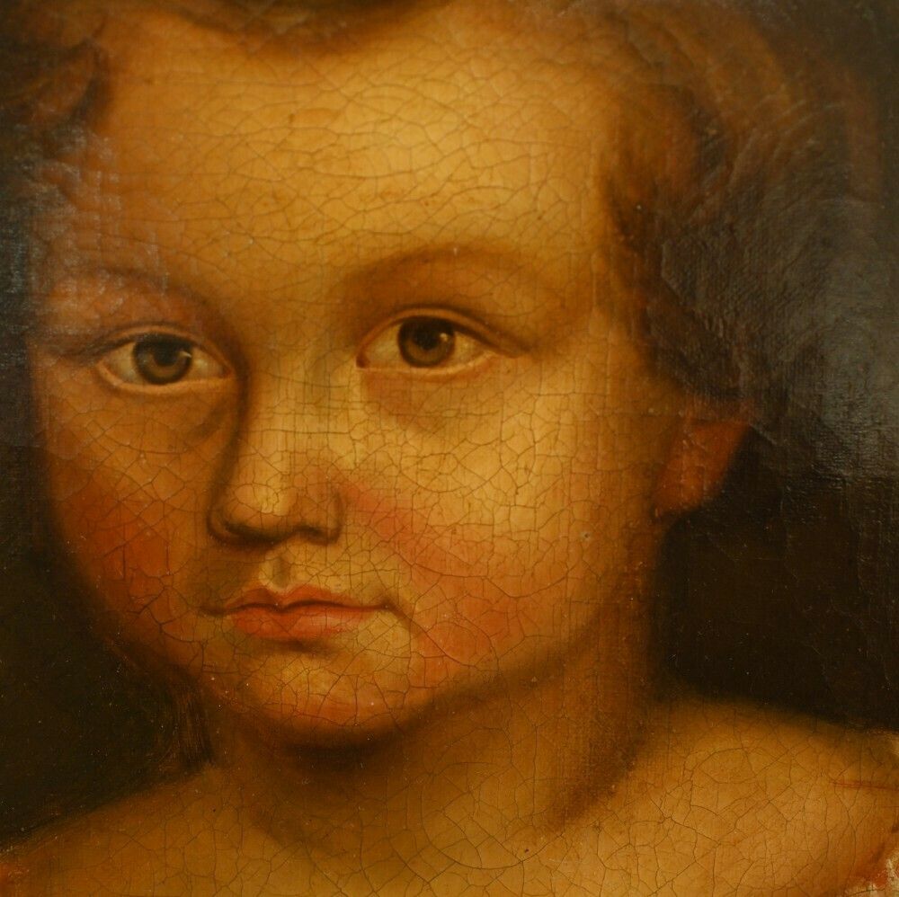 American Primitive Oil Painting Child Portrait 1840 Folk Art photo for sale