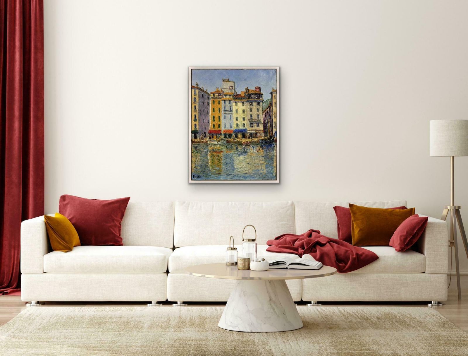 photo furniture Lokre. 20ème Siècle. French. Toulon, Le Port, La Vieille Darse, May 1939. Quai Cronstadt. Riviera. Provence Alpes Cote D'azur. Framed Oil Painting.