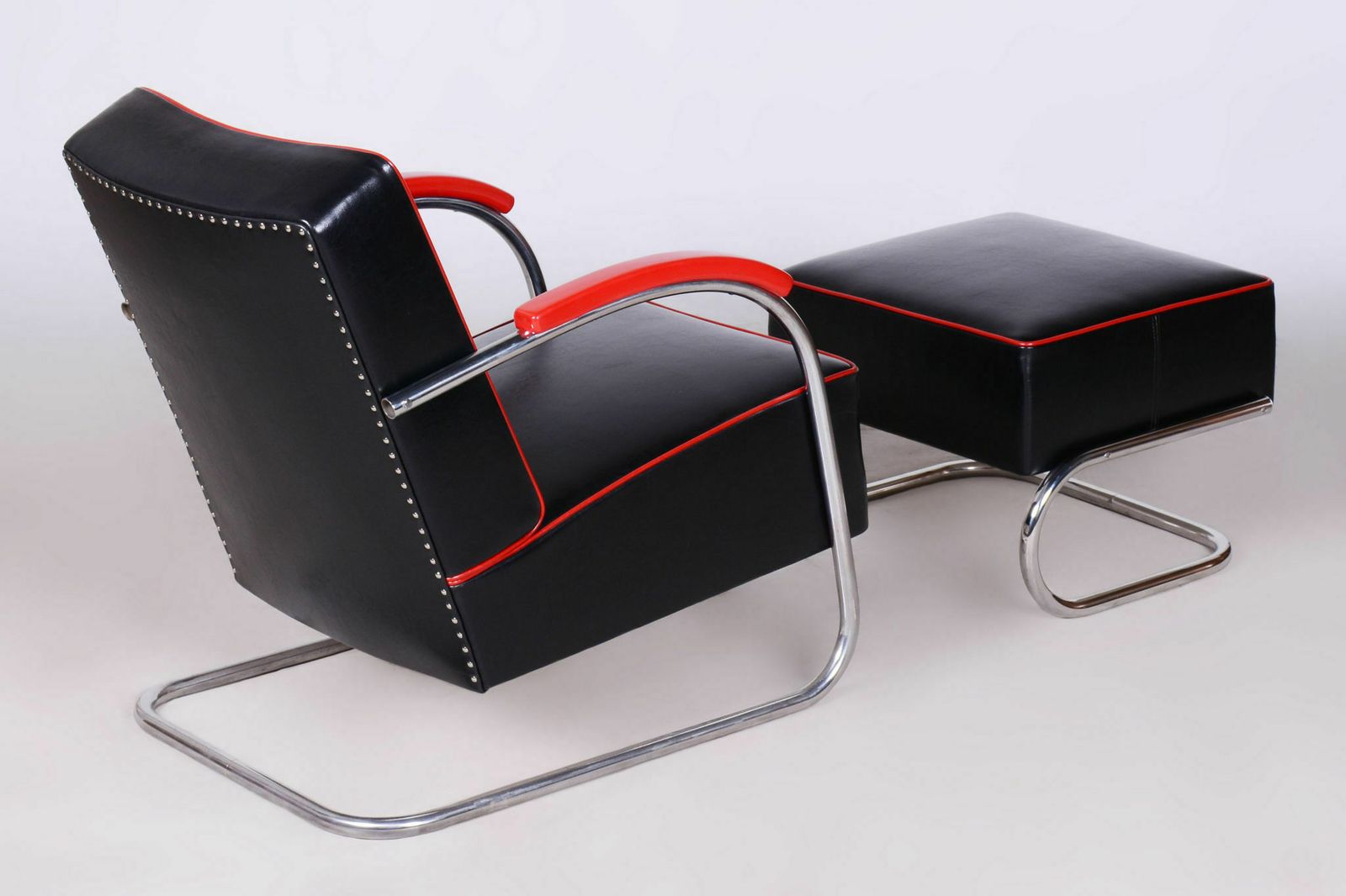 Restored Bauhaus Armchair With Footstool, By Mücke Melder, Steel, Czech, 1930s photo buy