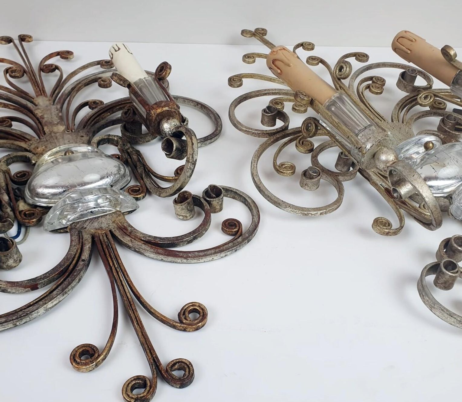 Pair Of Silver Wrought Iron And Glass Wall Lights By Banci, Italy, 1940s photo buy