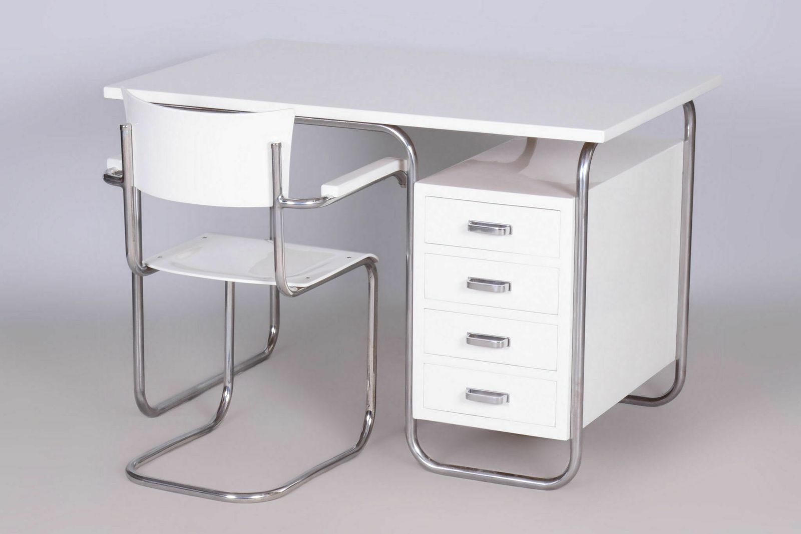 Restored Bauhaus Writing Desk With Chair, Chrome, Steel, Wood, Czech, 1930s photo vinterior