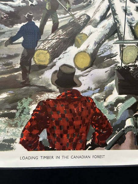 Vintage 1950s School Poster   'Loading Logs In A Canadian Forest' photo furniture