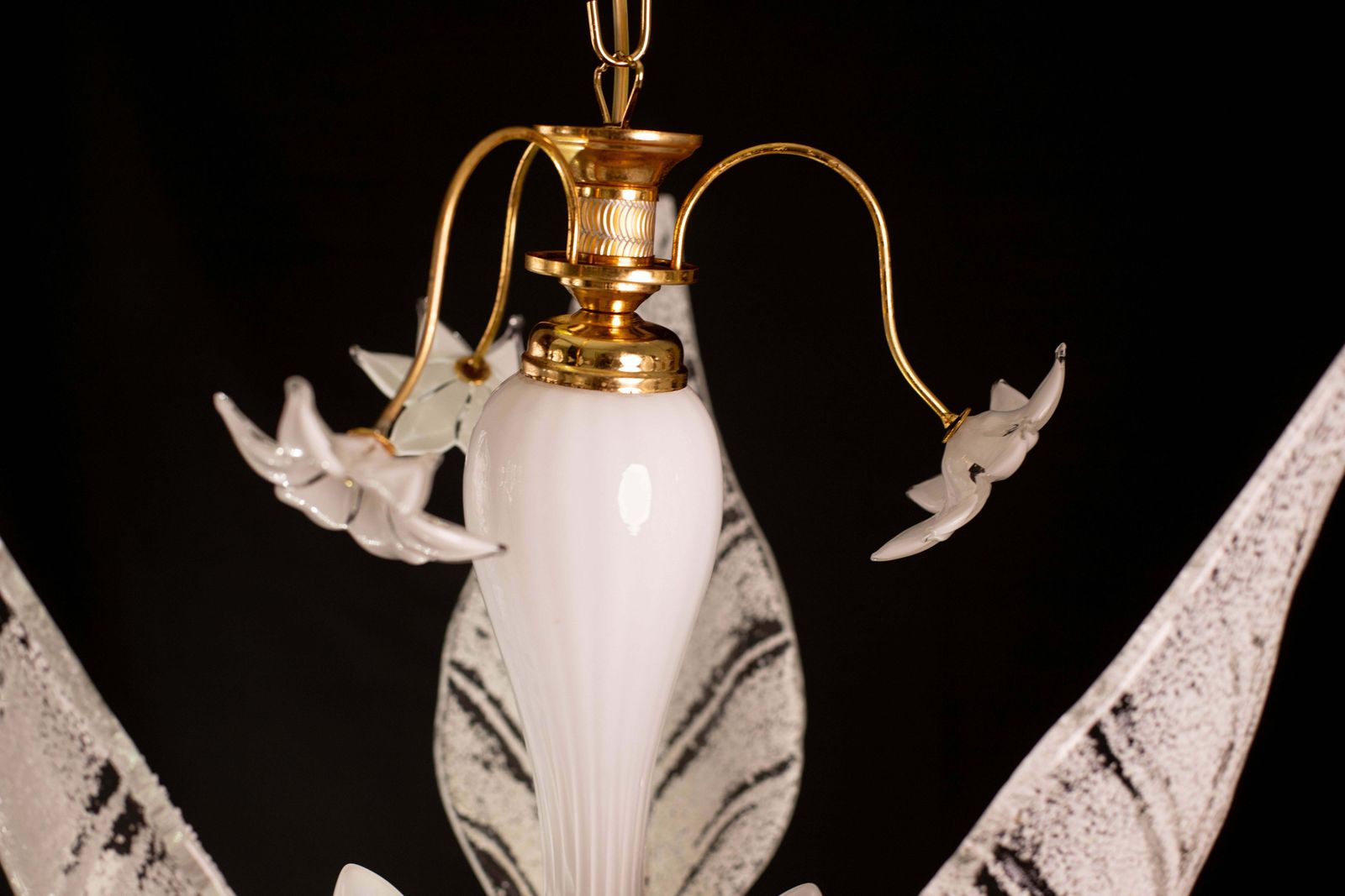 photo for sale Elegant Murano Chandelier With White Flowers And Leaves, 1970