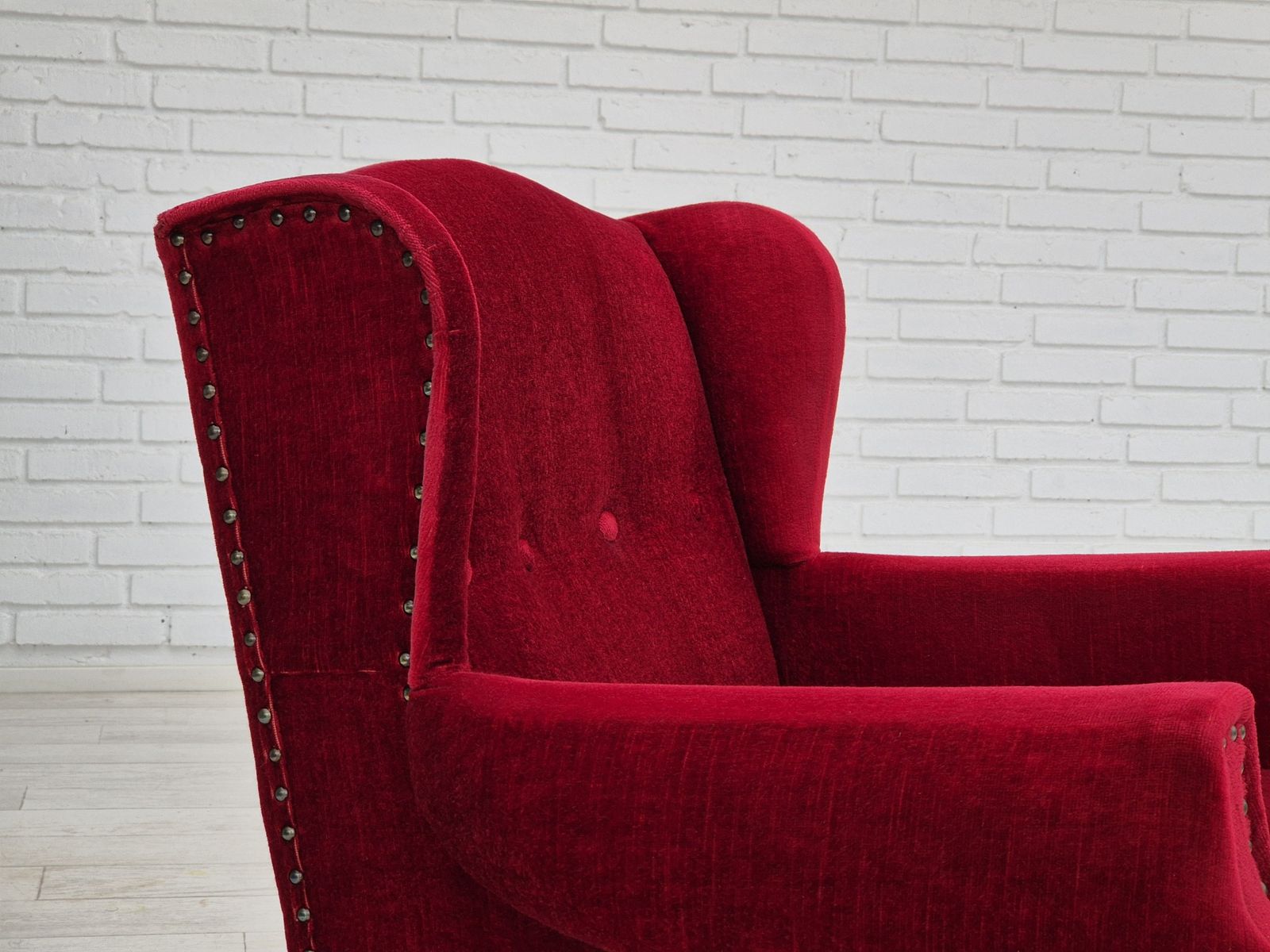 1960s, Danish Lounge Chair, Original, Furniture Velour, Oak Wood Legs. photo furniture
