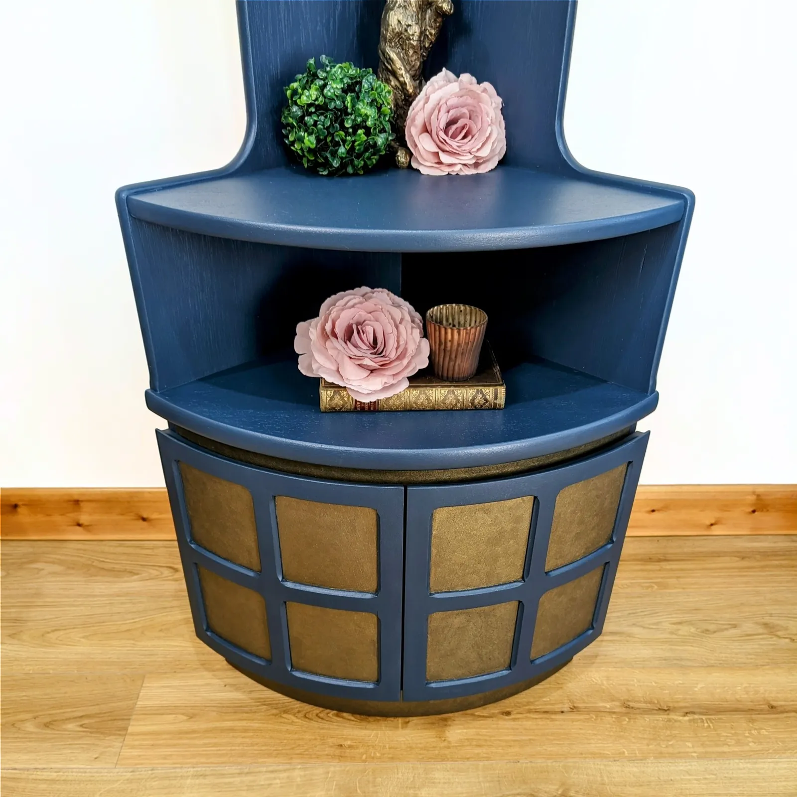 Nathan Squares Corner Unit, Teak Mid Century Modern Display And Storage, Gin Or Cocktail Bar. Painted In Deep Navy With Bronze Metallic Details photo for sale