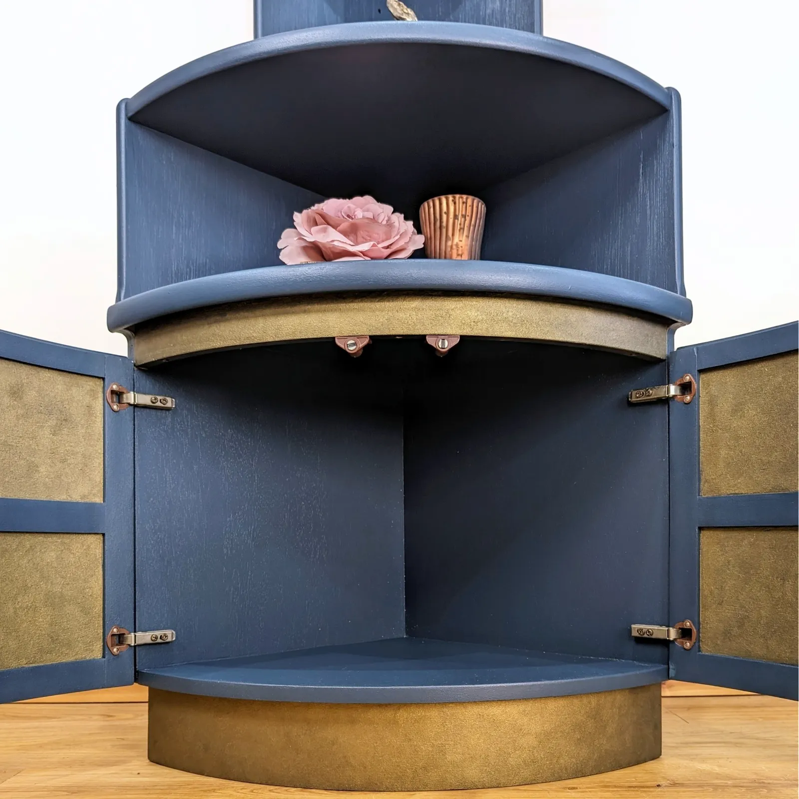 Nathan Squares Corner Unit, Teak Mid Century Modern Display And Storage, Gin Or Cocktail Bar. Painted In Deep Navy With Bronze Metallic Details photo 395.0