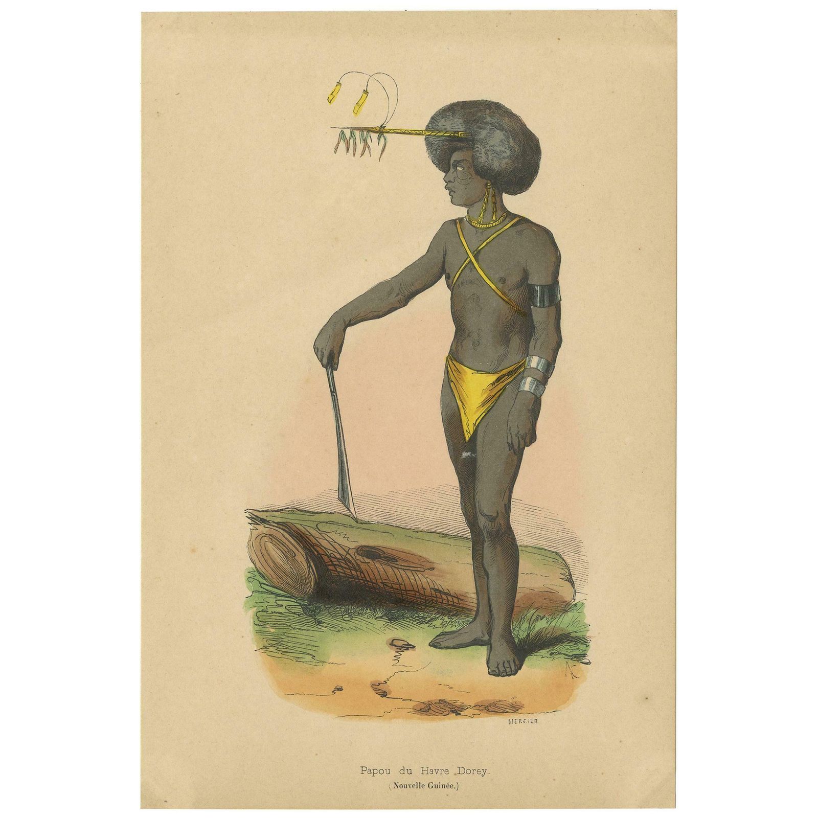 Antique Costume Print Of A Papua From Dorey Harbour By Wahlen, 1843