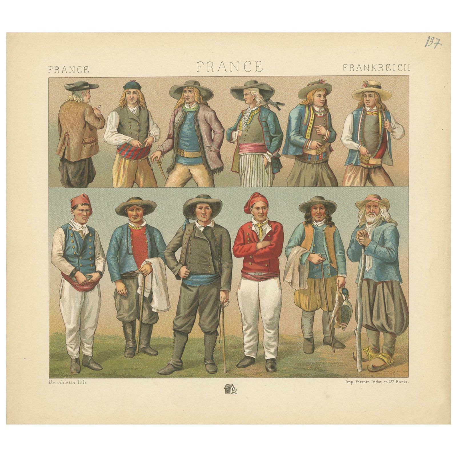 Pl. 137 Antique Print Of French Outfits By Racinet, 'Circa 1880'