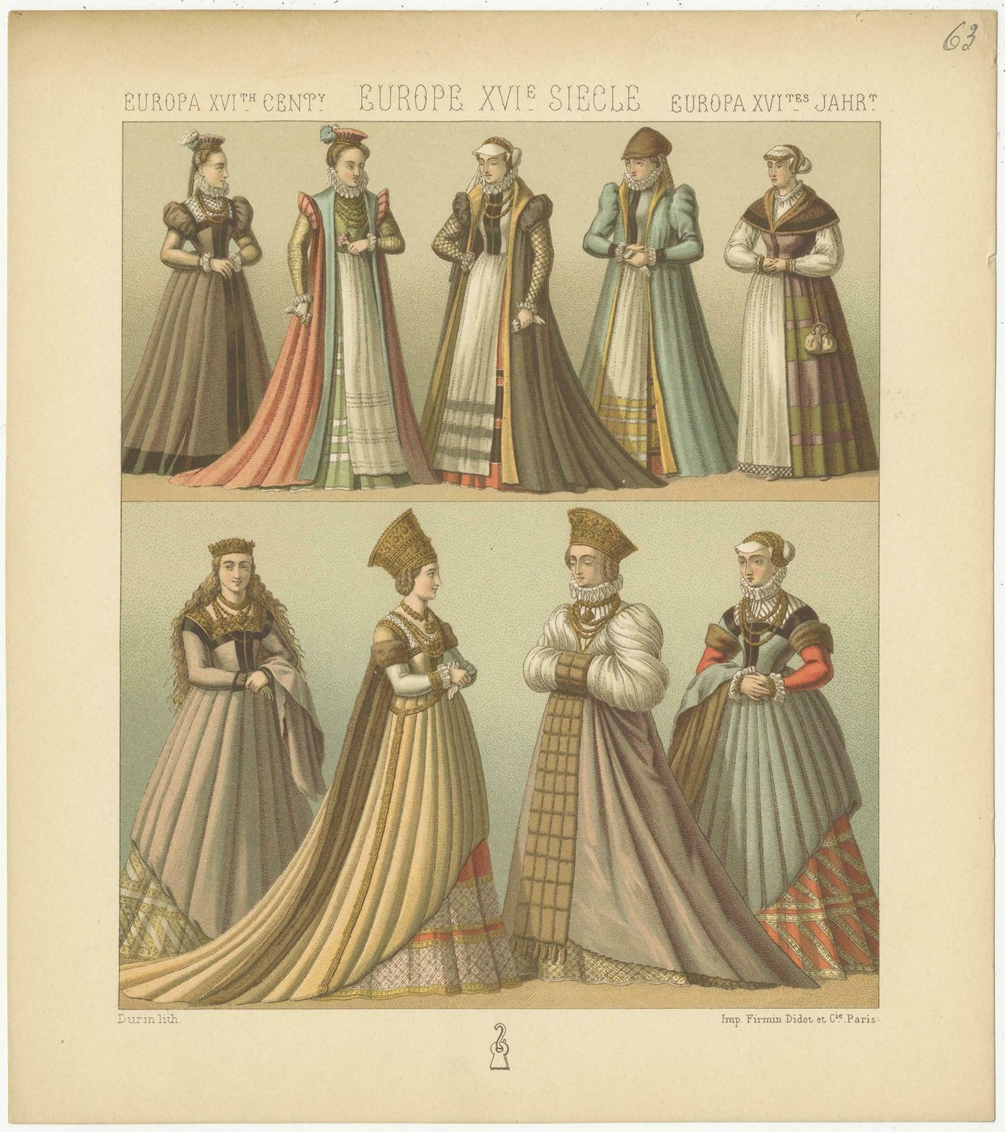 Pl. 63 Antique Print Of European 16th Century Costumes By Racinet, Circa 1880 photo Art