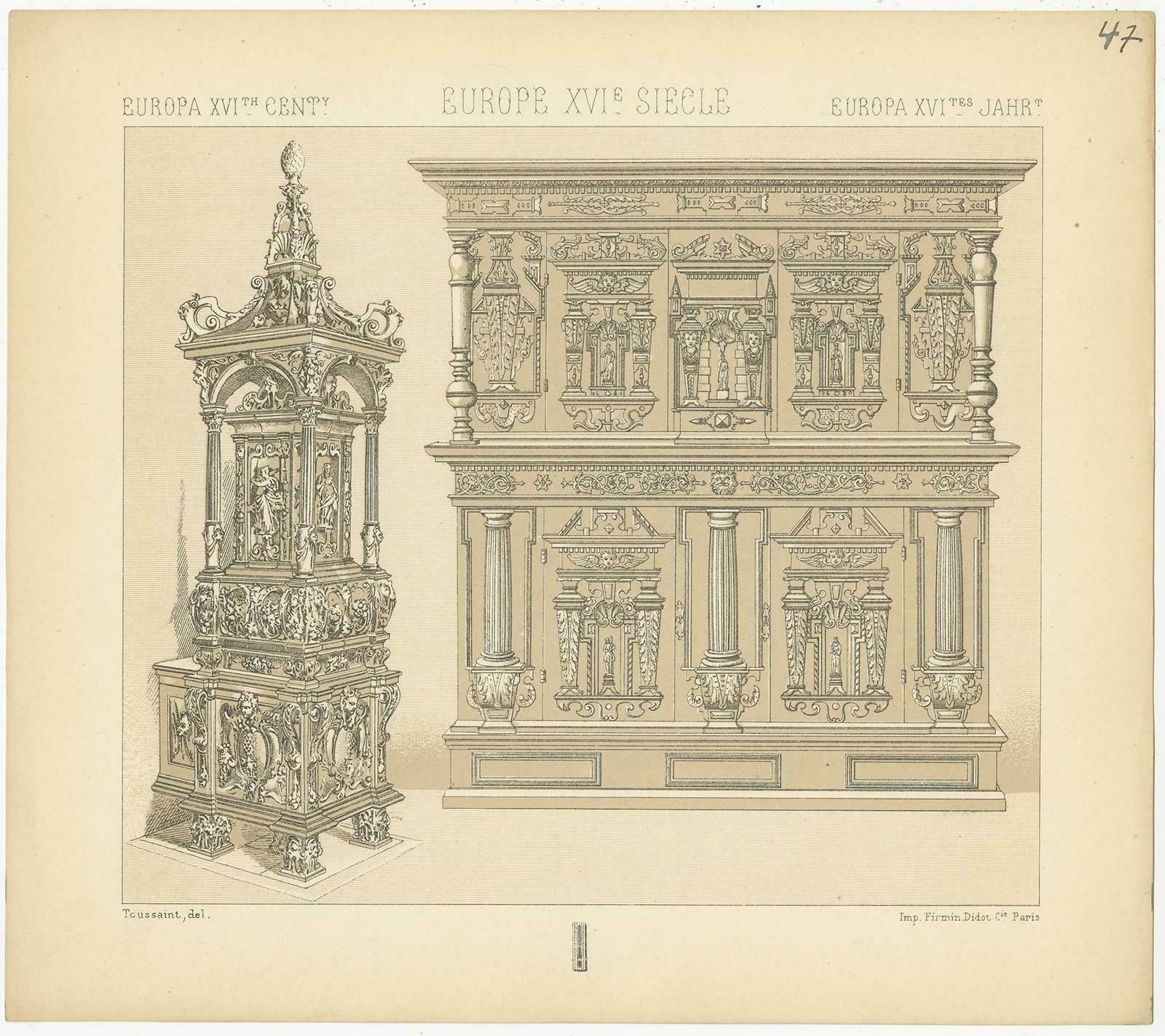 Pl. 47 Antique Print Of European Xvith Century Decorative Objects By Racinet photo furniture