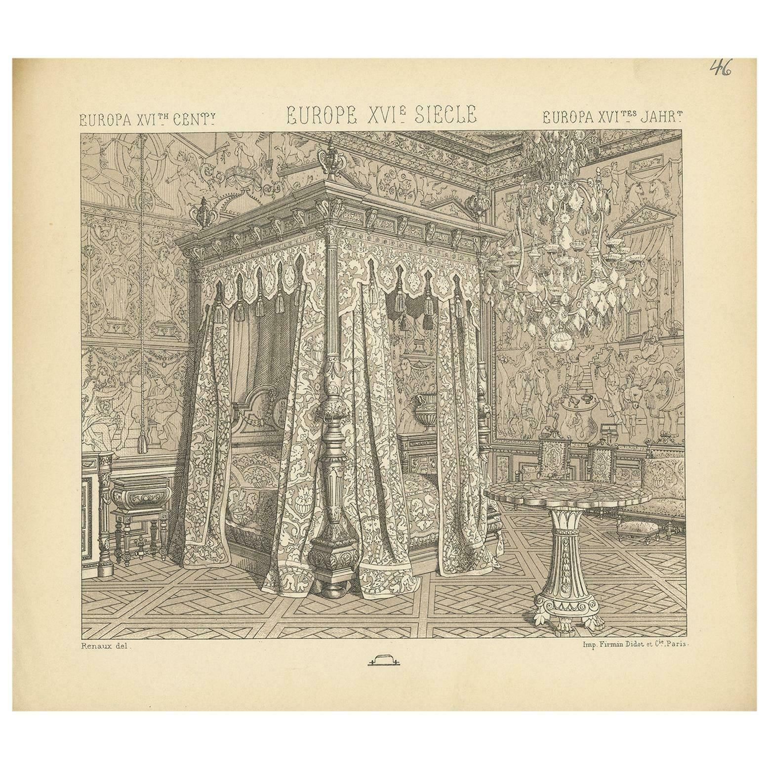 Pl. 46 Antique Print Of European 16th Century Bedroom By Racinet, Circa 1880