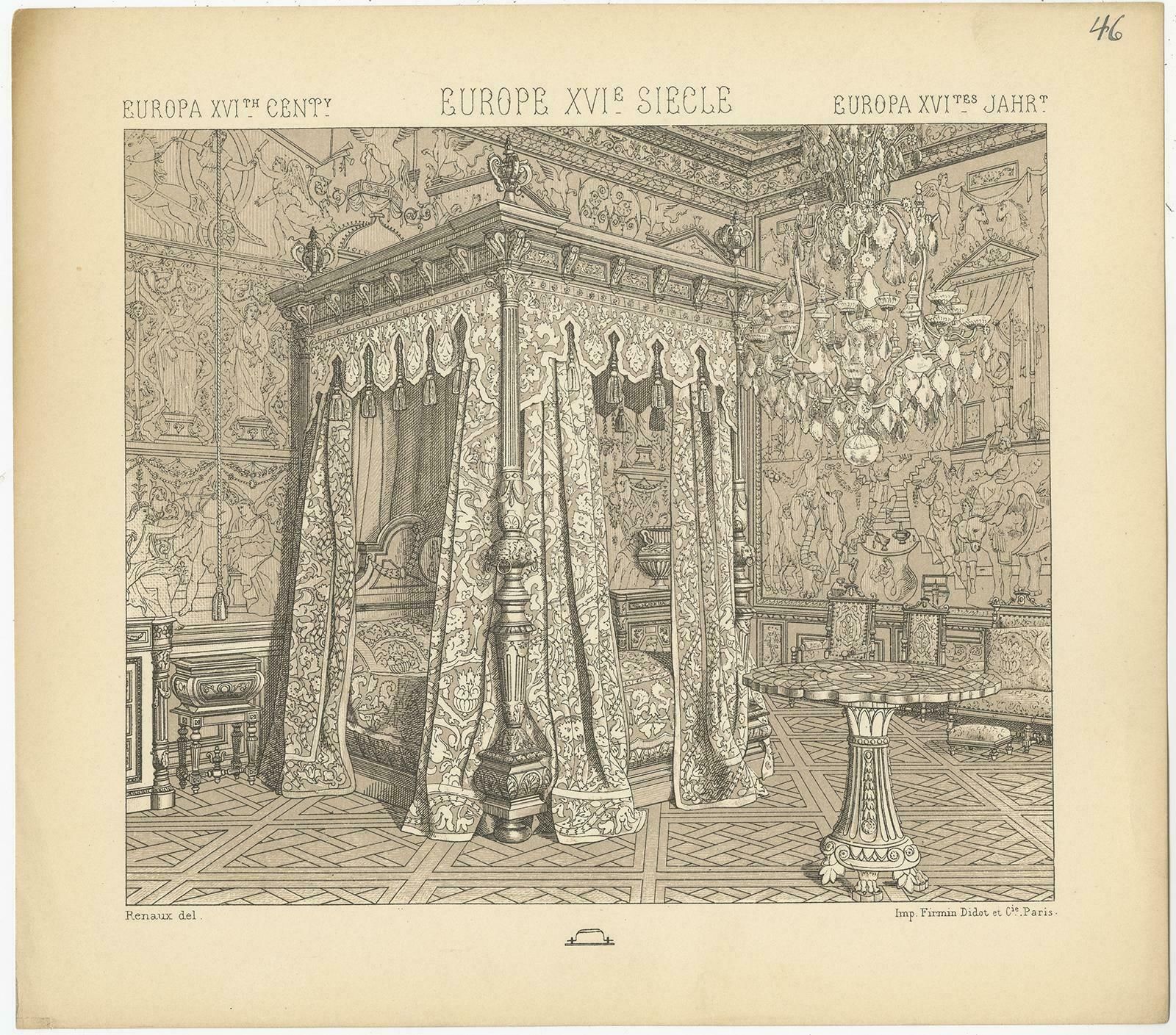 Pl. 46 Antique Print Of European 16th Century Bedroom By Racinet, Circa 1880 photo furniture
