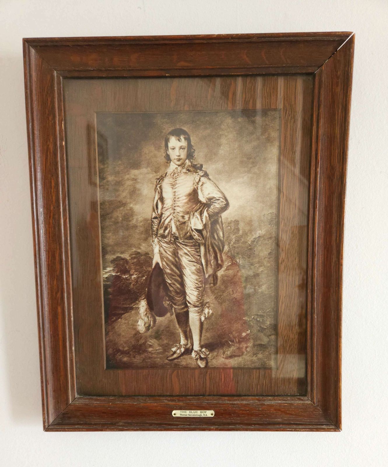 Antique, Oak Framed Black & White Print Of The Blue Boy By Gainsborough