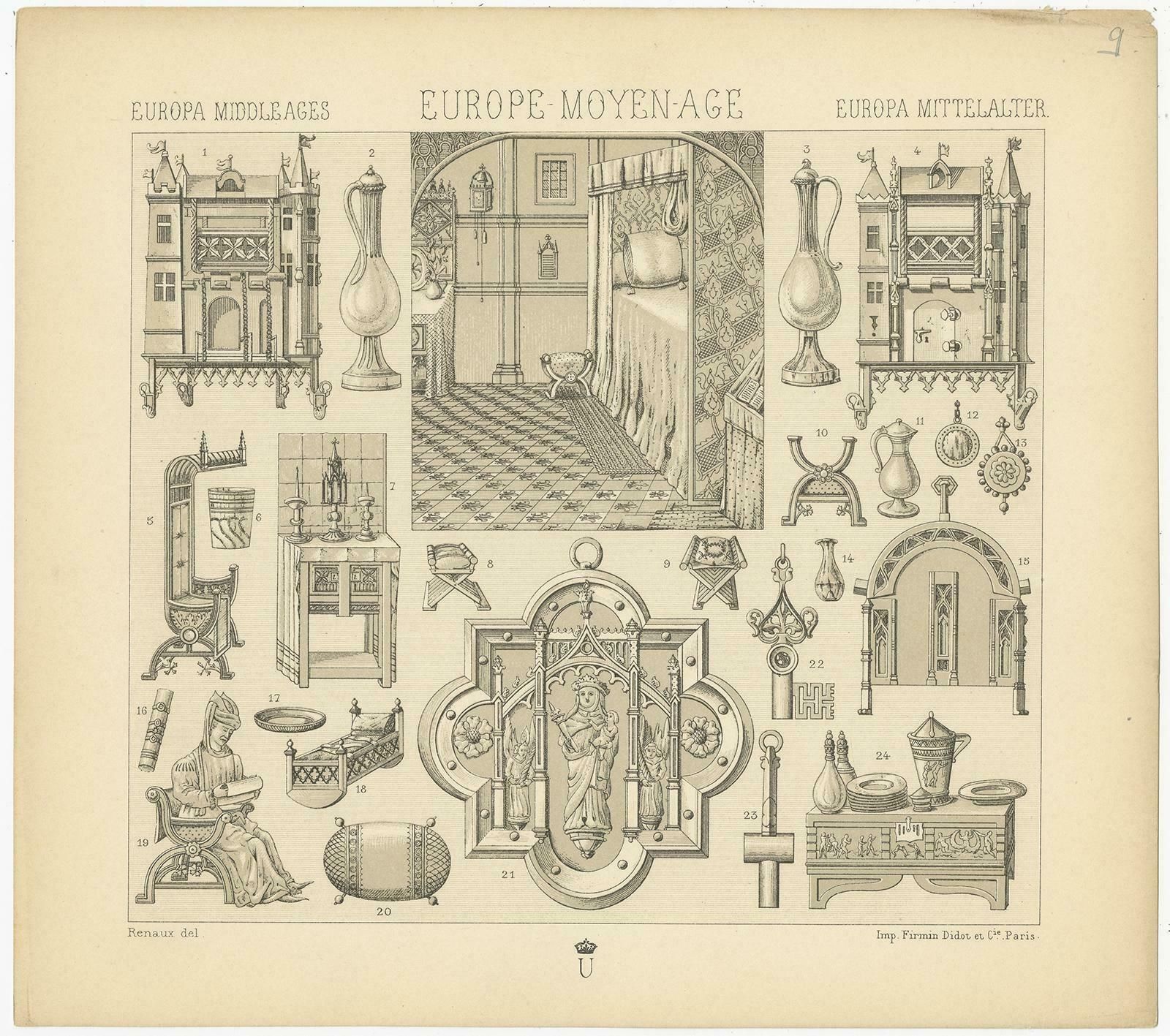 Pl 9 Antique Print Of European Decorative Objects By Racinet, 'Circa 1880' photo furniture